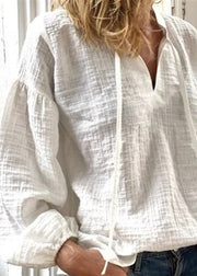 Loose White V Neck Lace Up Solid Linen Blouses Long Sleeve