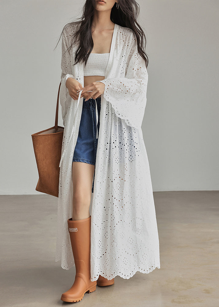 Loose White V Neck Patchwork Hollow Out Cardigans Flare Sleeve