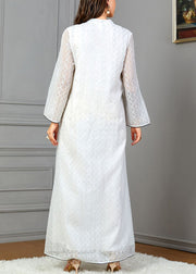 Loose White V Neck Print Cotton Dresses Long Sleeve