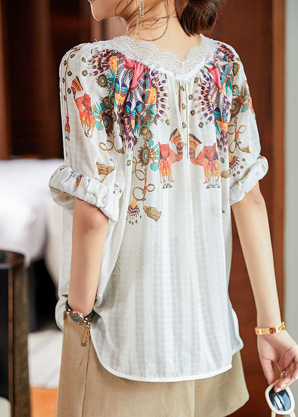 Loose White V Neck Print Lace Patchwork Chiffon Shirt Tops Summer