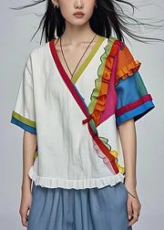 Loose White V Neck Ruffled Patchwork Cotton T Shirt Summer