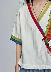 Loose White V Neck Ruffled Patchwork Cotton T Shirt Summer