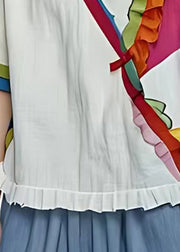 Loose White V Neck Ruffled Patchwork Cotton T Shirt Summer