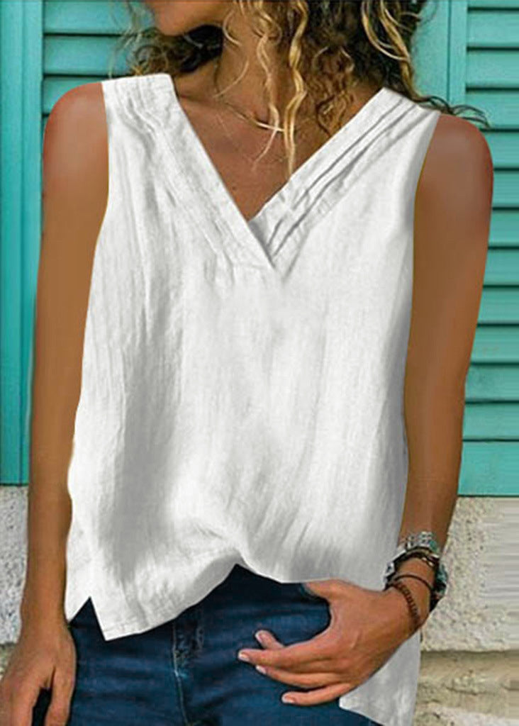 Loose White V Neck Solid Cotton Top Sleeveless