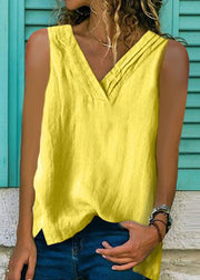 Loose White V Neck Solid Cotton Top Sleeveless