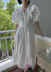 Loose White V Neck Wrinkled Hollow Out Cotton Dress Summer