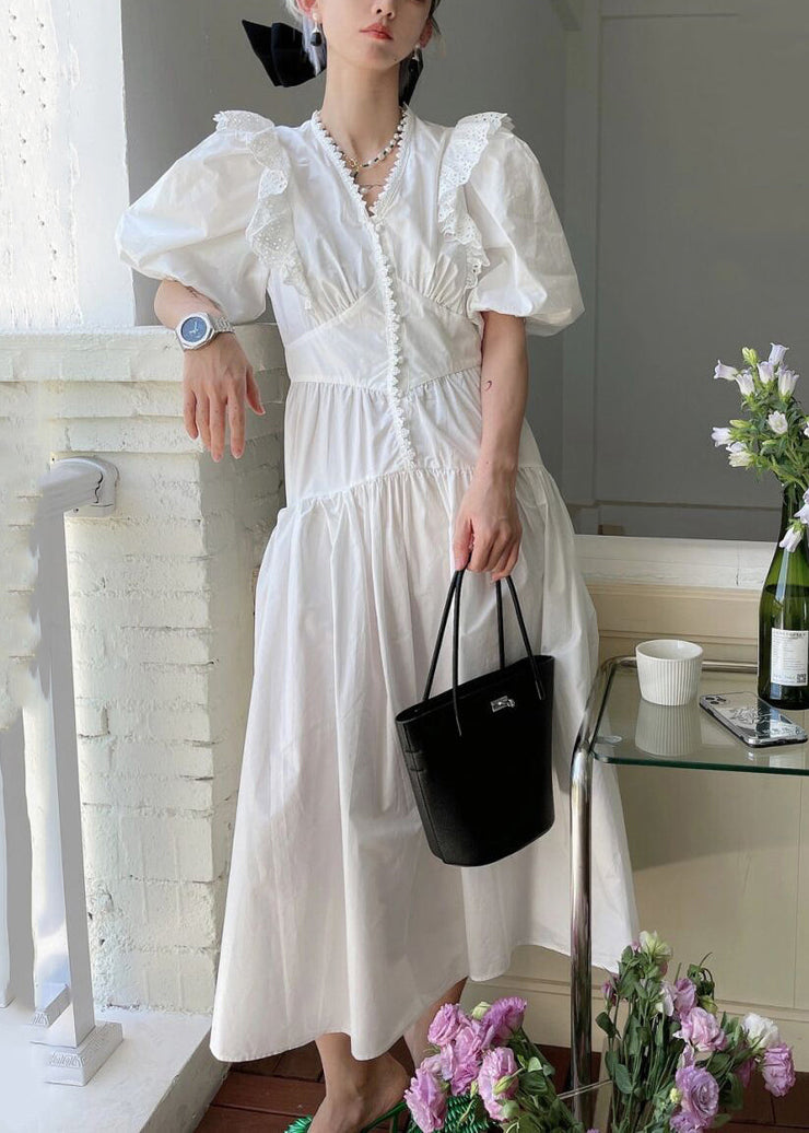 Loose White V Neck Wrinkled Hollow Out Cotton Dress Summer