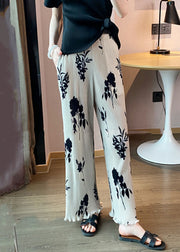 Loose White Wrinkled Print High Waist Cotton Crop Pants Spring