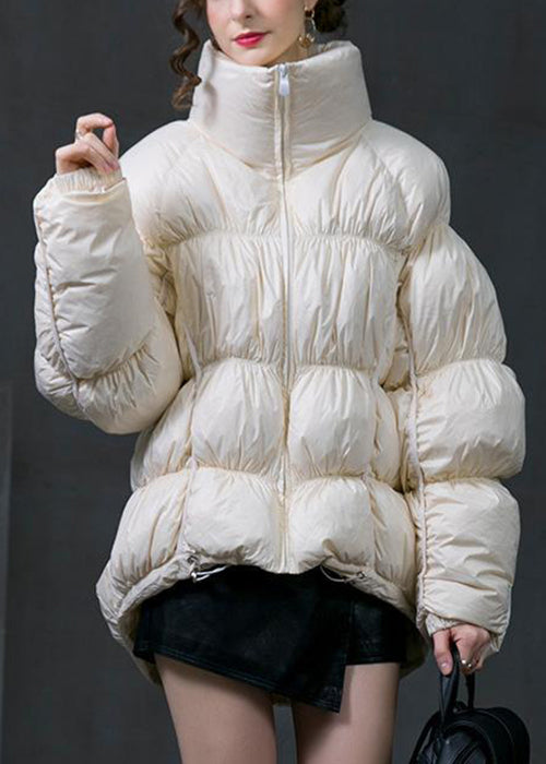 Loose White Zippered Drawstring Patchwork Duck Down Coat Winter