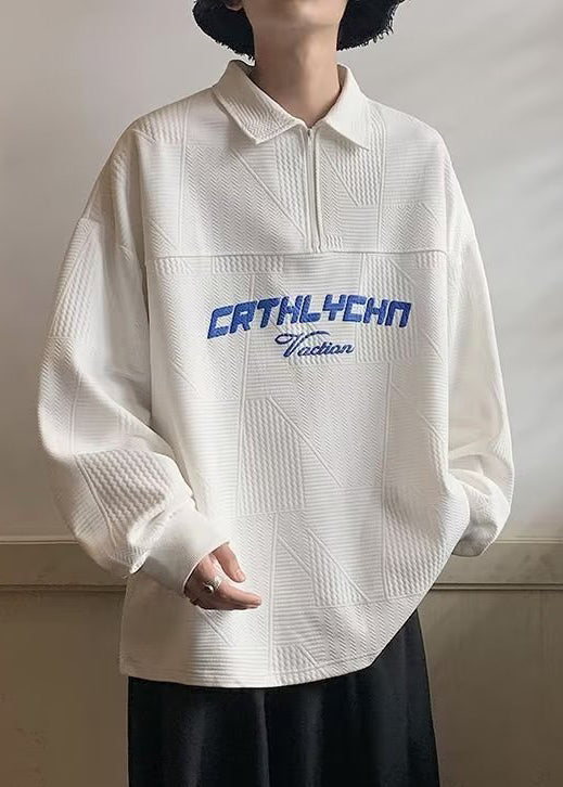 Loose White Zippered Letter Cotton Men Polo Sweatshirts Spring