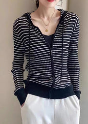 Loose White Zippered Patchwork Striped Wool Knit Hooded Cardigans Fall