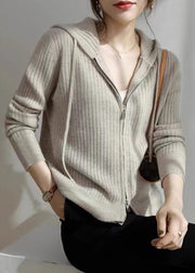 Loose White Zippered Patchwork Striped Wool Knit Hooded Cardigans Fall