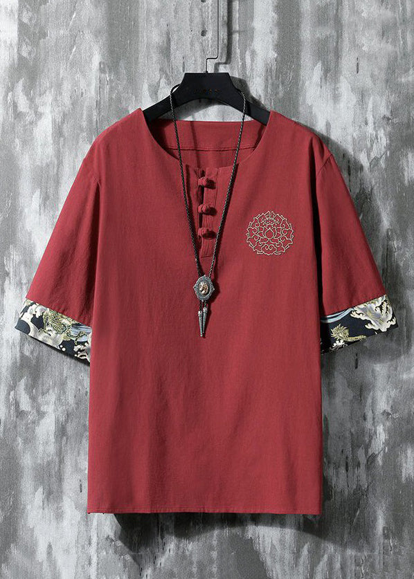 Loose Wine Red Button Patchwork Cotton Mens T Shirts Half Sleeve