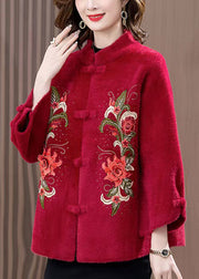 Loose Wine Red Embroidered Button Mink Velvet Coats Spring