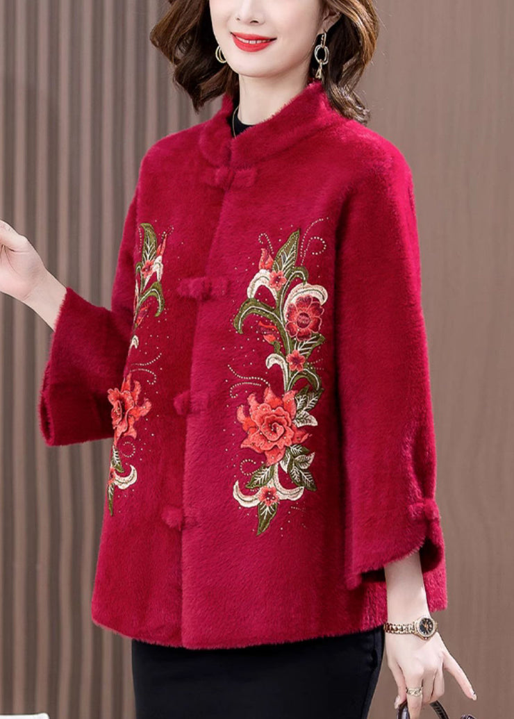 Loose Wine Red Embroidered Button Mink Velvet Coats Spring