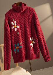 Loose Wine Red Embroidered Thick Cable Knit Sweater Spring