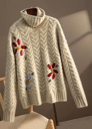 Loose Wine Red Embroidered Thick Cable Knit Sweater Spring