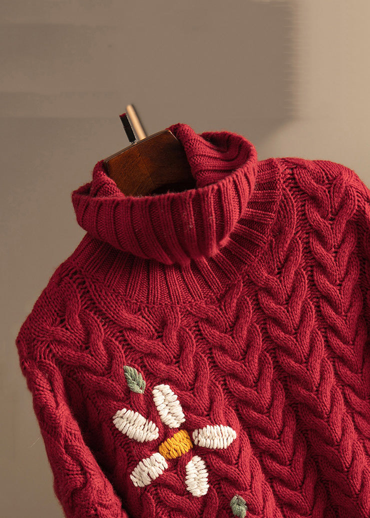 Loose Wine Red Embroidered Thick Cable Knit Sweater Spring