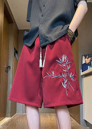 Loose Wine Red Embroideried Solid Cotton Mens Shorts Summer