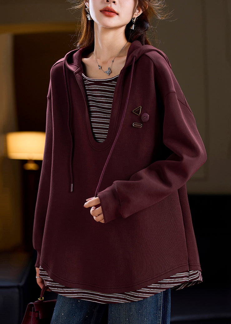 Loose Wine Red Hooded Patchwork Cotton Sweatshirts Spring