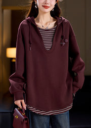 Loose Wine Red Hooded Patchwork Cotton Sweatshirts Spring