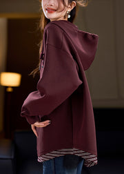 Loose Wine Red Hooded Patchwork Cotton Sweatshirts Spring