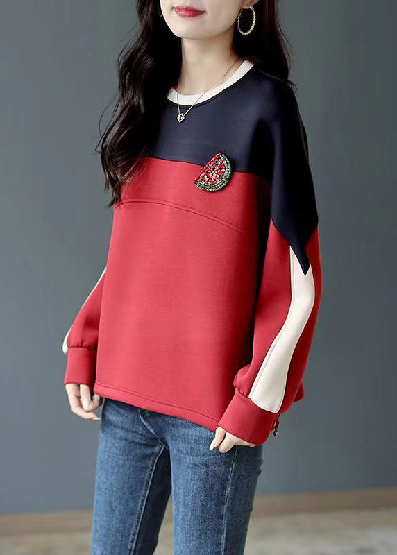 Loose Wine Red O-Neck Patchwork Sweatshirt Fall