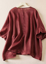 Loose Wine Red O-Neck Rose Floral Linen T Shirt Top Summer