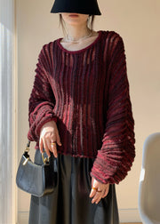 Loose Wine Red O Neck Striped Knit Sweaters Spring