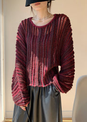 Loose Wine Red O Neck Striped Knit Sweaters Spring