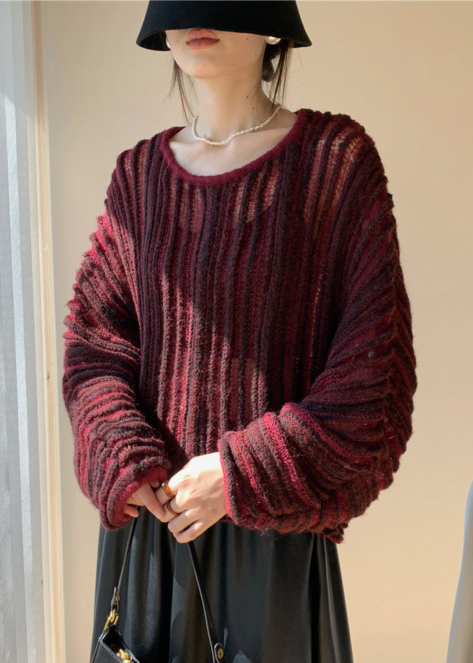 Loose Wine Red O Neck Striped Knit Sweaters Spring