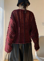 Loose Wine Red O Neck Striped Knit Sweaters Spring