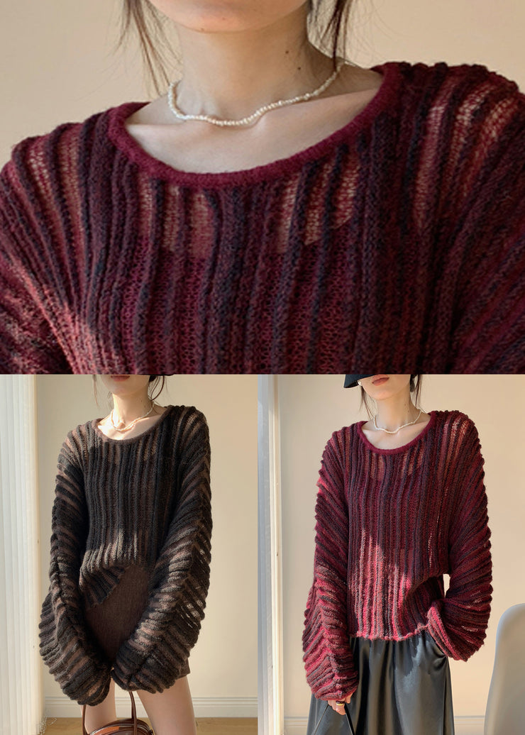 Loose Wine Red O Neck Striped Knit Sweaters Spring