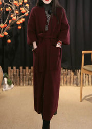 Loose Wine Red V Neck Pockets Tie Waist Knit Cardigans Winter