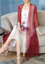 Loose Wine Red V Neck Print Silk Cotton Two Pieces Set Spring