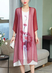 Loose Wine Red V Neck Print Silk Cotton Two Pieces Set Spring