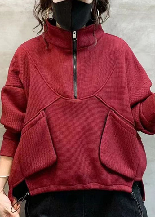 Loose Wine Red Zip Up Pockets Patchwork Warm Fleece Sweatshirts Fall