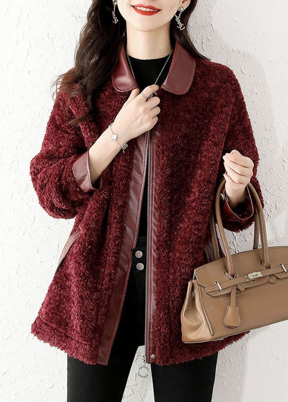 Loose Wine Red Zippered Patchwork Teddy Faux Fur Coat Winter