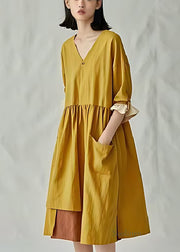 Loose Yellow Asymmetrical Pocket Cotton Vacation Dresses Summer