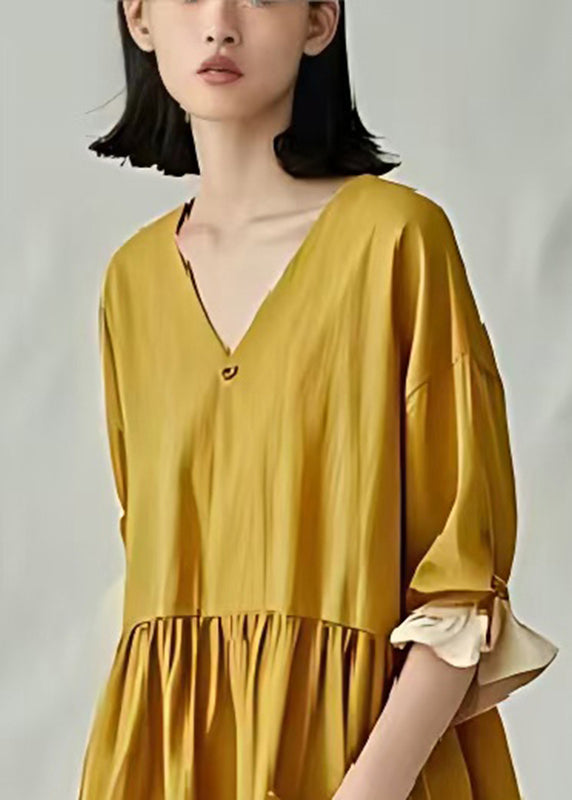 Loose Yellow Asymmetrical Pocket Cotton Vacation Dresses Summer