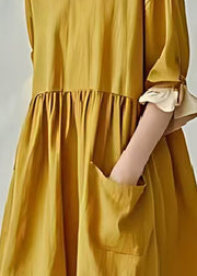 Loose Yellow Asymmetrical Pocket Cotton Vacation Dresses Summer