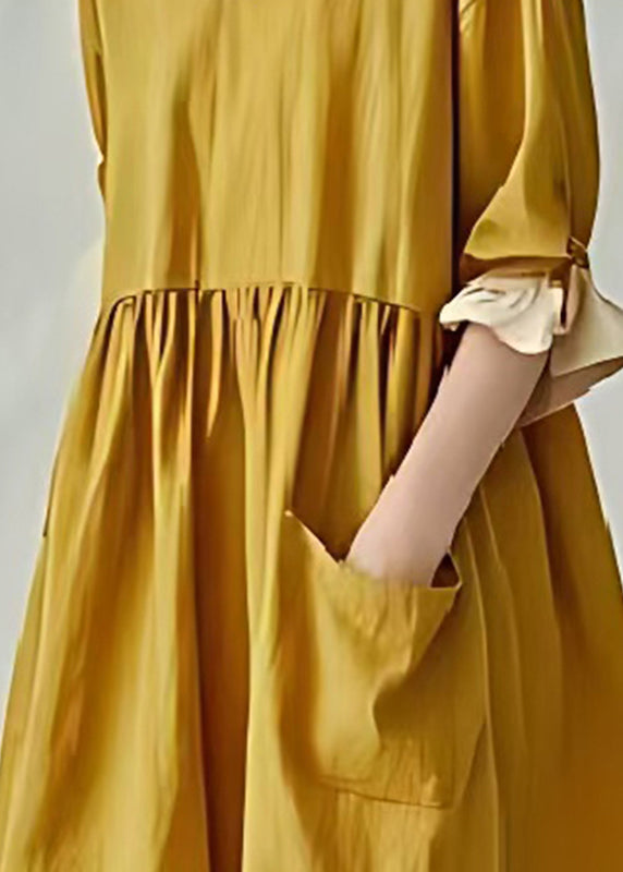 Loose Yellow Asymmetrical Pocket Cotton Vacation Dresses Summer