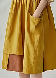 Loose Yellow Asymmetrical Pocket Cotton Vacation Dresses Summer