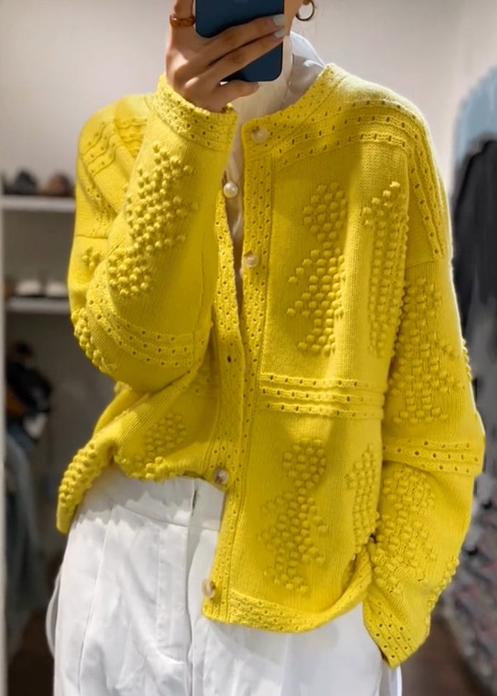 Loose Yellow Button Hollow Out  Cotton Knit Coats Long Sleeve