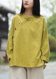 Loose Yellow Button Low High Design Linen Shirt Long Sleeve