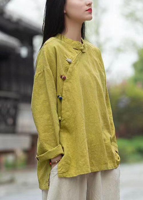 Loose Yellow Button Low High Design Linen Shirt Long Sleeve