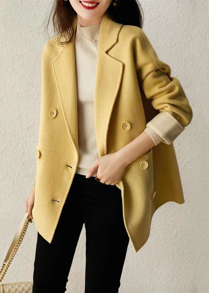 Loose Yellow Double Breast Pockets Patchwork Woolen Coats Fall