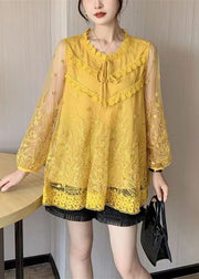 Loose Yellow Embroidered Lace Up Patchwork Lace Top Spring