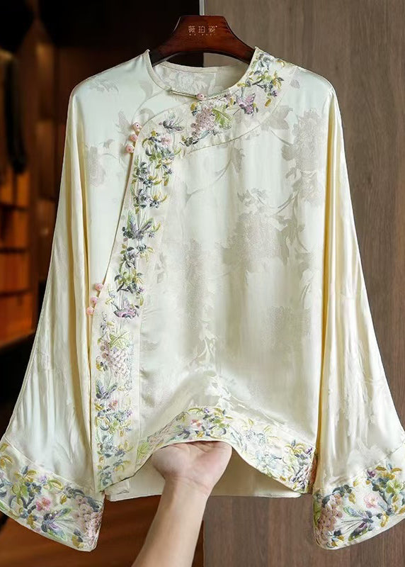 Loose Yellow Embroidered Oriental Button Silk Blouses Spring