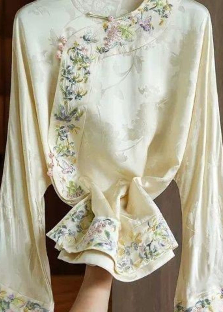 Loose Yellow Embroidered Oriental Button Silk Blouses Spring